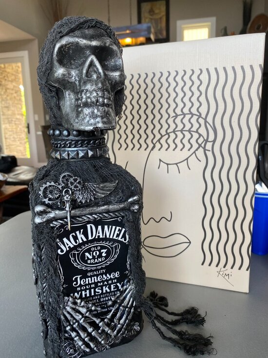 Expressions By Kimi Other - Steampunk, Goth/Skeleton-Style Upcycled Jack Daniels Bottle